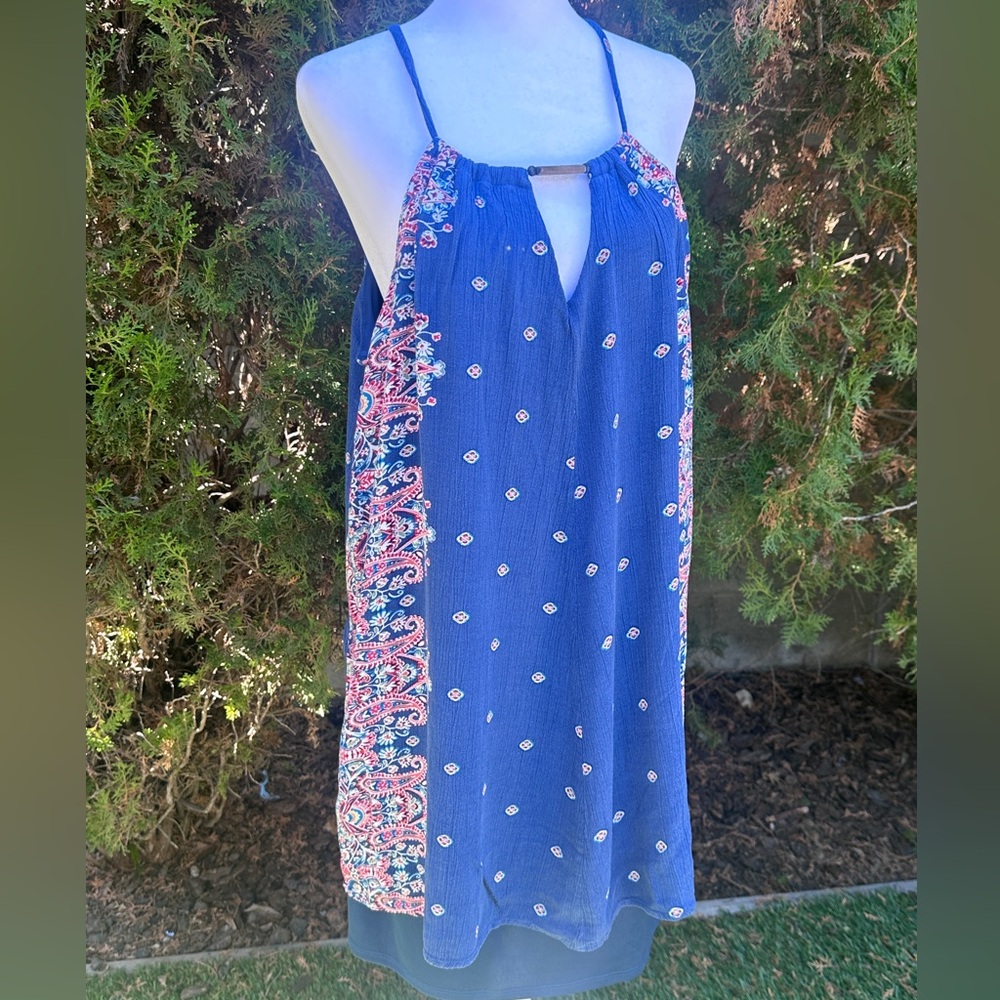 Women’s AUW Bohemian Navy Floral Halter Midi Dress size L - Picture 2 of 14